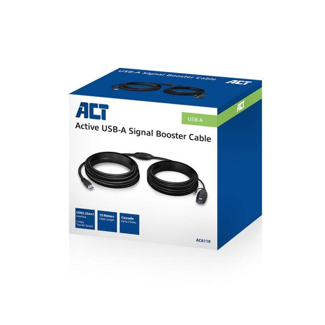 Удължителен кабел ACT AC6110, USB-A мъжко към USB-A женско,  10m, 5 Gbps, Черен