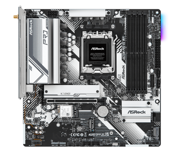 Дънна платка ASROCK A620M Pro RS WiFi, Socket AM5, 4xDDR5 ,PCIe 4.0, HDMI/DP, 1x M.2, 4x SATA 6Gb/s, 1x USB 3.2 Gen1 Type-C, 3x USB 3.2 Gen1 Type-A, Micro ATX