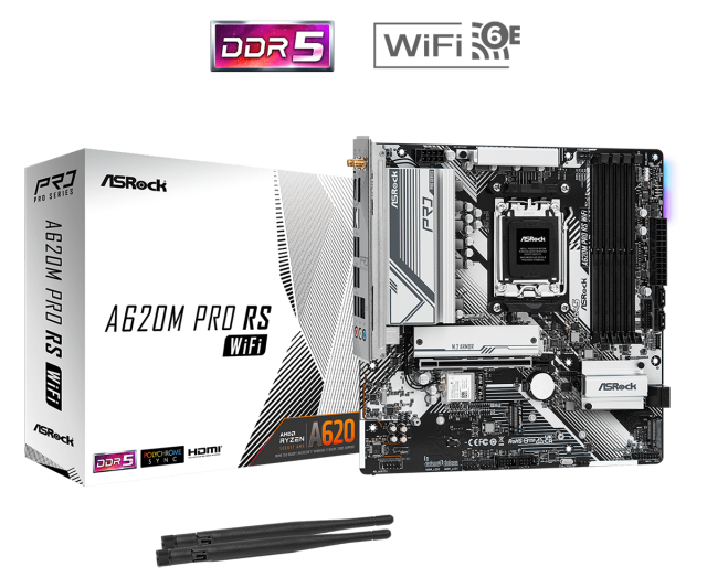 Дънна платка ASROCK A620M Pro RS WiFi, Socket AM5, 4xDDR5 ,PCIe 4.0, HDMI/DP, 1x M.2, 4x SATA 6Gb/s, 1x USB 3.2 Gen1 Type-C, 3x USB 3.2 Gen1 Type-A, Micro ATX