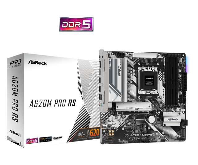 Дънна платка ASROCK A620M Pro RS, Socket AM5, 4xDDR5, PCIe 4.0, 1x M.2, HDMI/DP, 1x M.2, 4x SATA 6Gb/s, 1x USB 3.2 Gen1 Type-C, 3x USB 3.2 Gen1 Type-A, Micro ATX