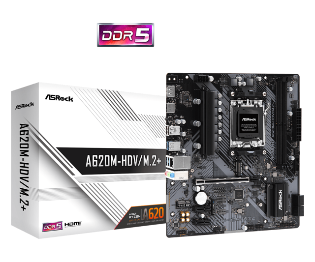 Дънна платка ASROCK A620M-HDV M.2+, A620, AM5, DDR5, PCIe 4.0, HDMI/DP, 2x M.2, 4x SATA 6Gb/s, 1x USB 3.2 Gen1 Type-C, 3x USB 3.2, Micro ATX