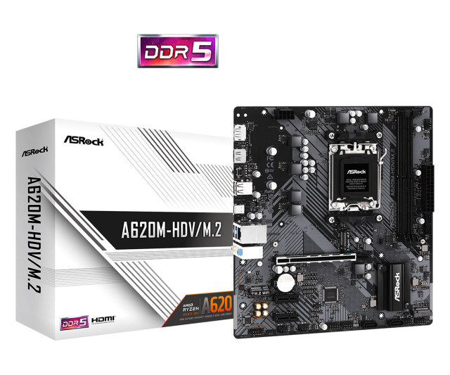 Дънна платка ASROCK A620M-HDV M.2, AM5, DDR5, PCIe 4.0, HDMI/DP, 1xM.2, 4x SATA 6Gb/s, 1x USB 3.2 Gen1 Type-C, 3x USB 3.2 Gen1 Type-A, Micro ATX