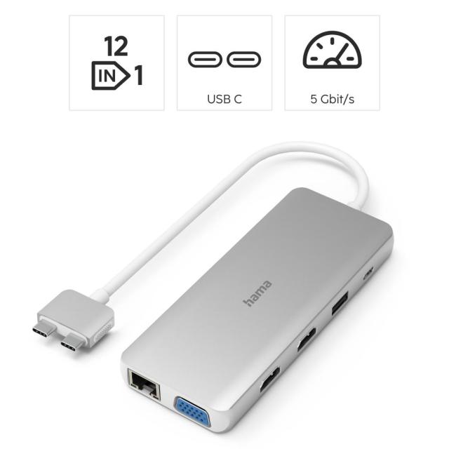 Мултипортов адаптер Hama USB-C Hub, "Connect2Mac", Multiport за Apple MacBook Air & Pro, 12 порта