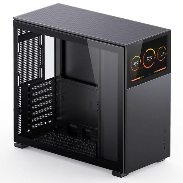 Кутия Jonsbo D41 Screen TG Black, 1x USB 3.0, 1x USB-C, ATX/Micro ATX/Mini ITX/Mini DTX, преден екран, без захранване, черна