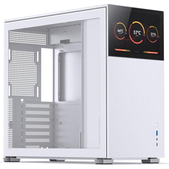 Кутия Jonsbo D41 Screen TG White, 1x USB 3.0, 1x USB-C, ATX/Micro ATX/Mini ITX/Mini DTX, преден екран, без захранване, бяла
