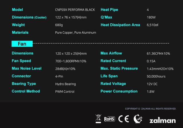 Охладител за процесор Zalman CPU Cooler CNPS9X PERFORMA BLACK, 4 pin PWM, AMD/Intel