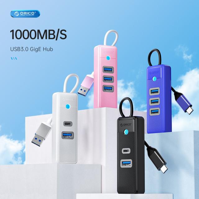 Хъб Orico USB3.1 3 port + LAN 1000M, USB 3.1 Type-C - PW3UR-C3-015-BK