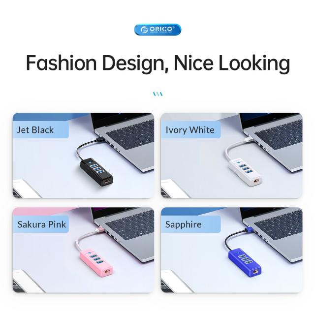 Хъб Orico USB3.1 3 port + LAN 1000M, USB 3.1 Type-C - PW3UR-C3-015-BK