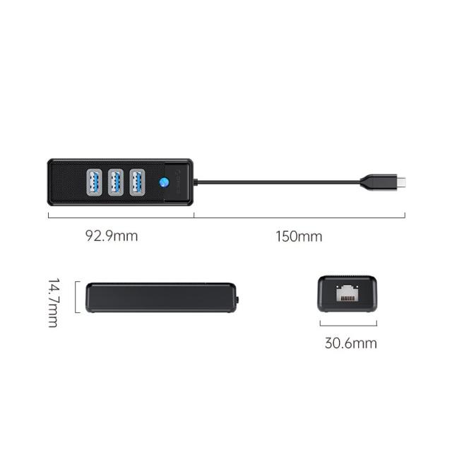Хъб Orico USB3.1 3 port + LAN 1000M, USB 3.1 Type-C - PW3UR-C3-015-BK
