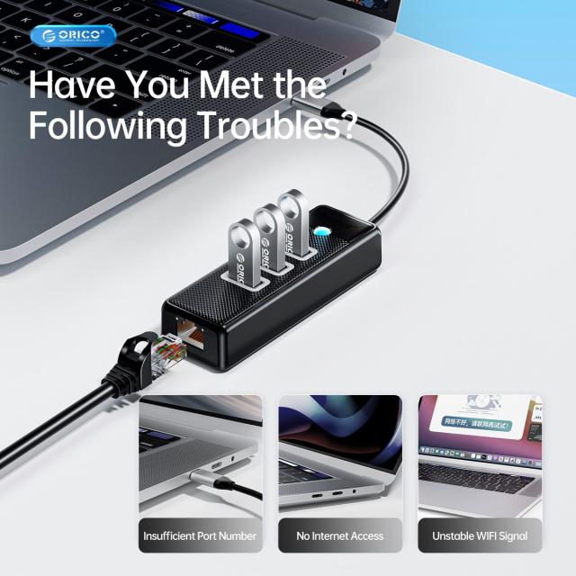 Хъб Orico USB3.1 3 port + LAN 1000M, USB 3.1 Type-C - PW3UR-C3-015-BK