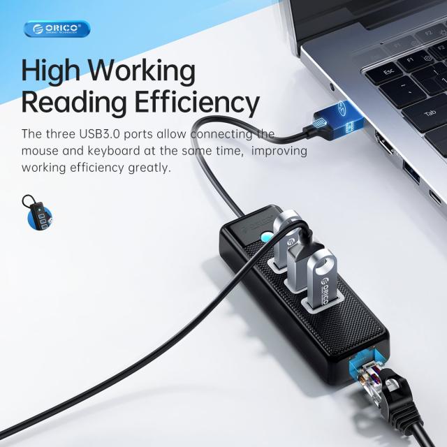 Хъб Orico USB3.1 3 port + LAN 1000M, USB 3.1 Type-C - PW3UR-C3-015-BK