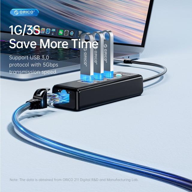Хъб Orico USB3.1 3 port + LAN 1000M, USB 3.1 Type-C - PW3UR-C3-015-BK