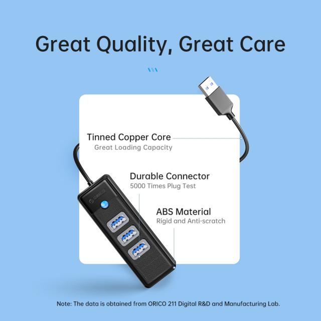 Хъб Orico USB3.1 3 port + LAN 1000M, USB 3.1 Type-C - PW3UR-C3-015-BK
