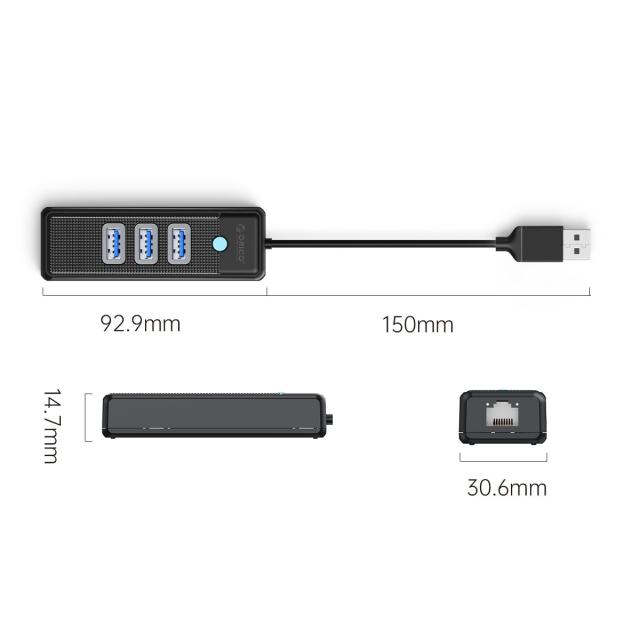Хъб Orico USB3.0 3 port + LAN 1000M - PW3UR-U3-015-BK