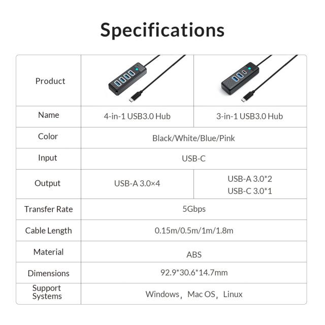 Хъб Orico USB3.1 3 port - 2 x USB3.0, 1 x Type C, Black - PWC2U-C3-015-BK