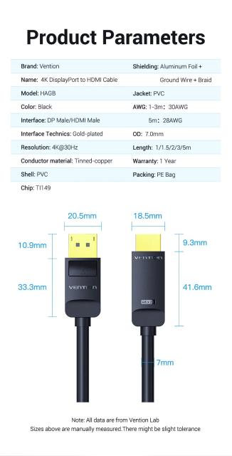 Кабел Vention DisplayPort към HDMI, 4K, Gold Plated, 3.0m