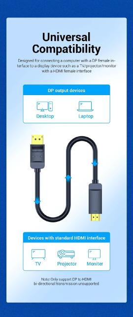 Кабел Vention DisplayPort към HDMI, 4K, Gold Plated, 3.0m