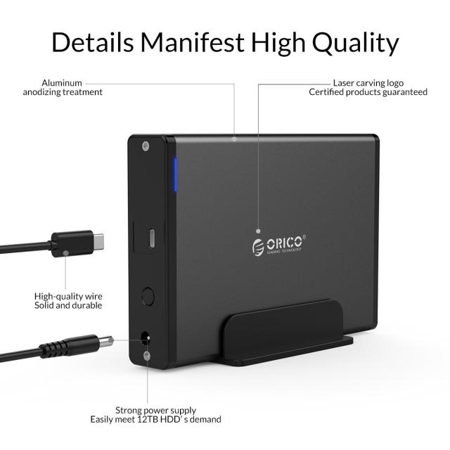 Кутия за твърд диск Orico, 3.5" Vertical, USB3.1 Type-C, Power adapter, UASP, black - 7688C3-BK