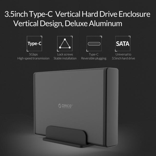 Кутия за твърд диск Orico, 3.5" Vertical, USB3.1 Type-C, Power adapter, UASP, black - 7688C3-BK
