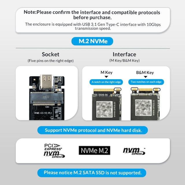 Кутия Orico за SSD, Storage - Case - M.2 NVMe M key - USB3.1 Gen2 Type-C, 10Gbps - HM2-G2-BK