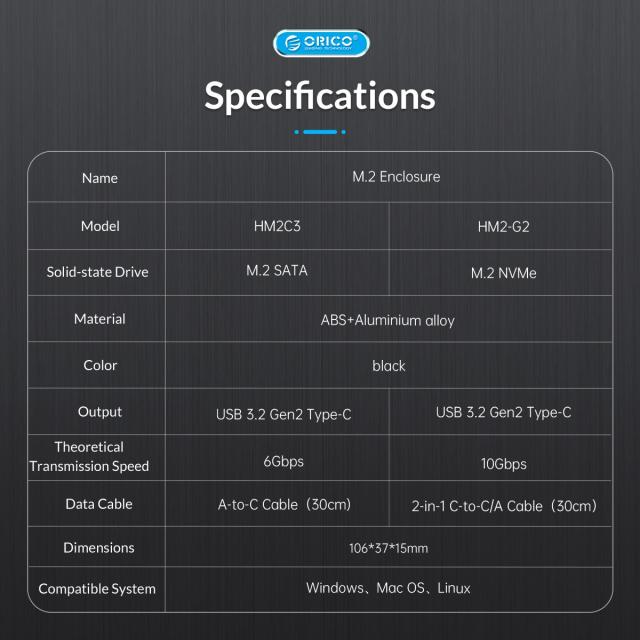 Кутия Orico за SSD, Storage - Case - M.2 NVMe M key - USB3.1 Gen2 Type-C, 10Gbps - HM2-G2-BK