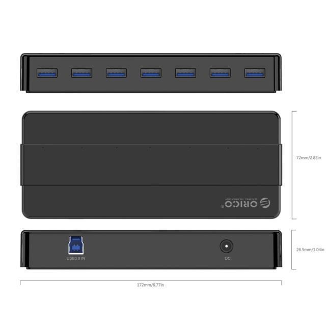 Хъб Orico USB3.0 HUB 7 port with Premium Power Adapter, Black - H7928-U3-V1-BK