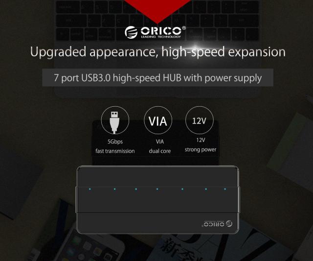 Хъб Orico USB3.0 HUB 7 port with Premium Power Adapter, Black - H7928-U3-V1-BK
