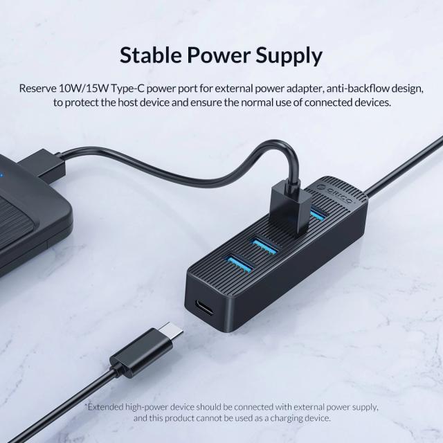 Хъб Orico USB3.0 HUB 4 port - Type C input, 0.15m cable, aux Type-C power input - TWU3-4A-BK