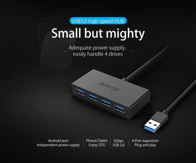 USB Хъб Orico 4 порта, 4x USB 3.0, USB 3.0 Type-A, черен