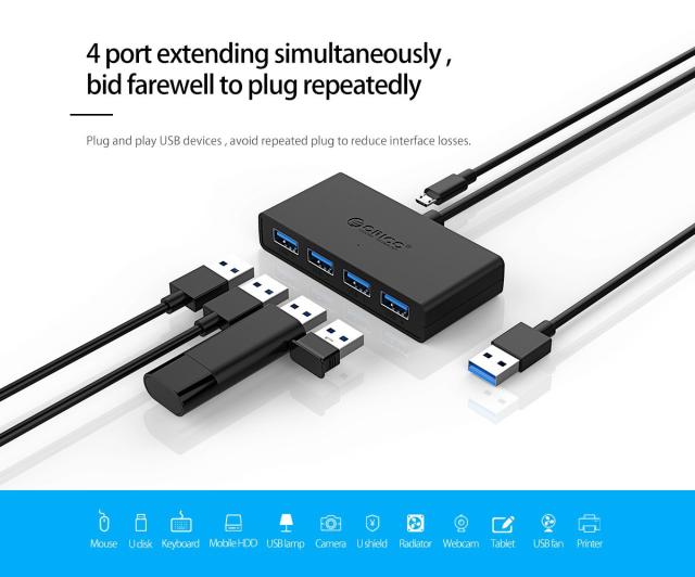 USB Хъб Orico 4 порта, 4x USB 3.0, USB 3.0 Type-A, черен