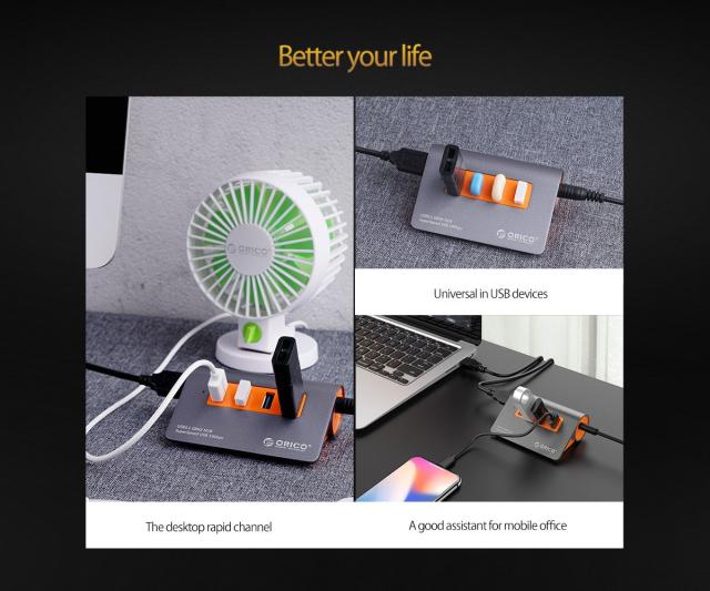 Хъб Orico USB 3.1 Gen2 10Gbps HUB 4 port Aluminum Grey/Orange - M3H4-G2-OG