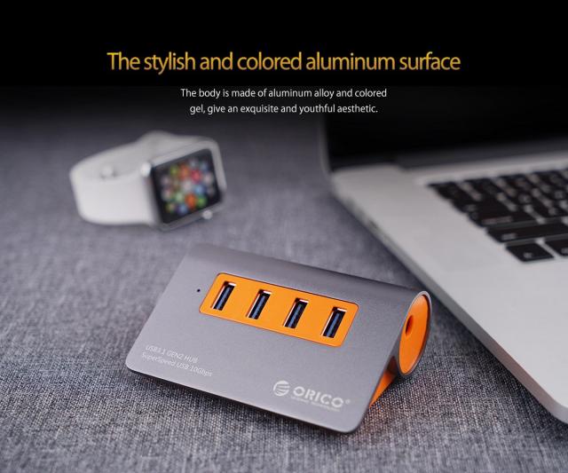 Хъб Orico USB 3.1 Gen2 10Gbps HUB 4 port Aluminum Grey/Orange - M3H4-G2-OG