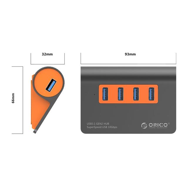 Хъб Orico USB 3.1 Gen2 10Gbps HUB 4 port Aluminum Grey/Orange - M3H4-G2-OG