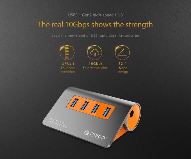 Хъб Orico USB 3.1 Gen2 10Gbps HUB 4 port Aluminum Grey/Orange - M3H4-G2-OG