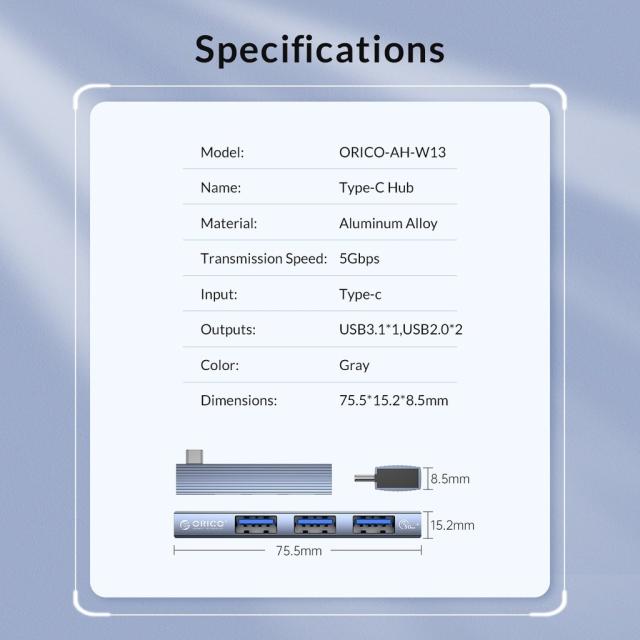  Хъб Orico USB3.0/2.0 HUB 3 port TYPE C, Aluminum - AH-W13-GY
