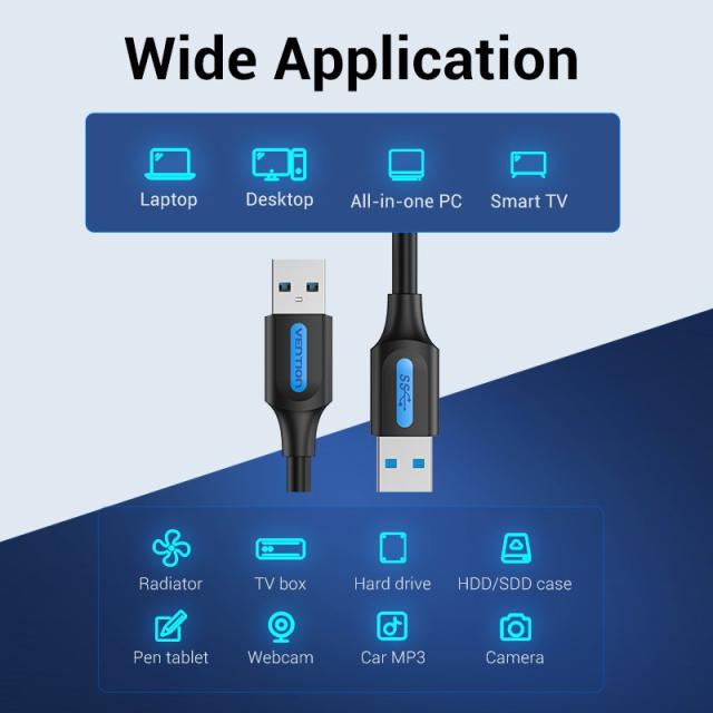 Кабел Vention USB-A мъжко към USB-A мъжко, USB 3.0 - 1.5m, Black