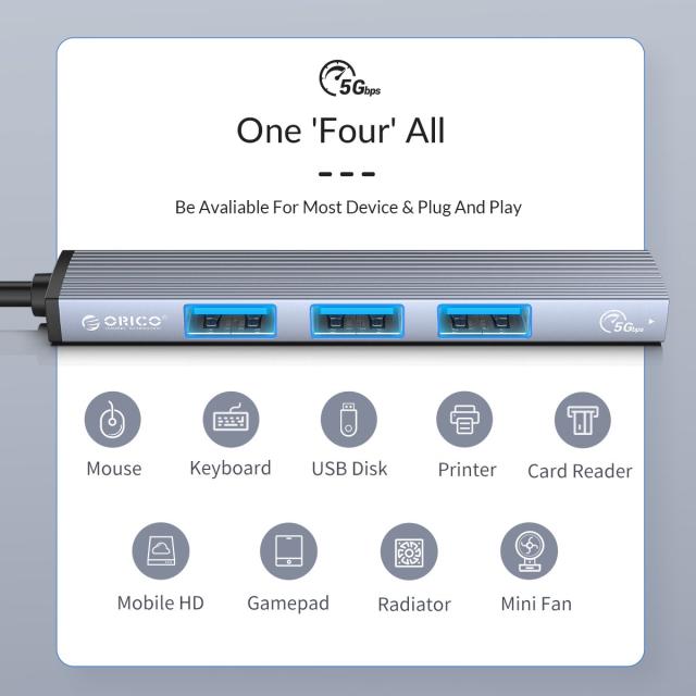  Хъб Orico USB3.0/2.0 HUB 4 port - Type-C input - AH-13-GY