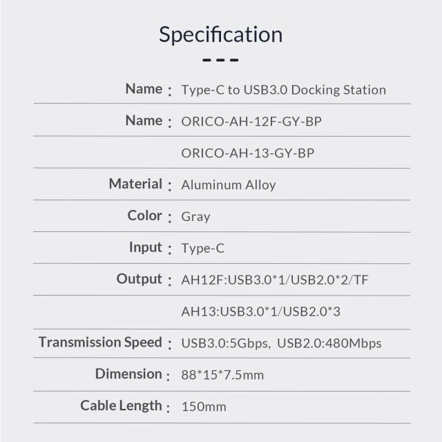  Хъб Orico USB3.0/2.0 HUB 4 port - Type-C input - AH-13-GY