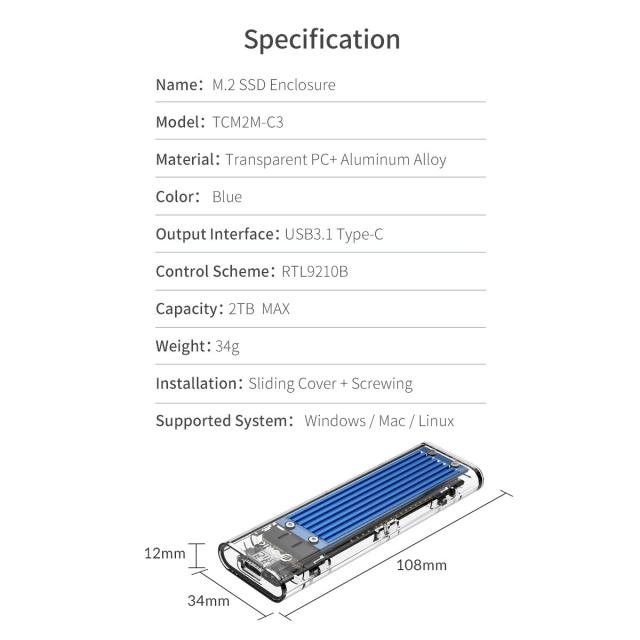 Кутия Orico за SSD, Storage - Case - M.2 NVMe/SATA M/B key - USB3.1 Type-C Gen.2 10Gbps, Blue - TCM2M-C3
