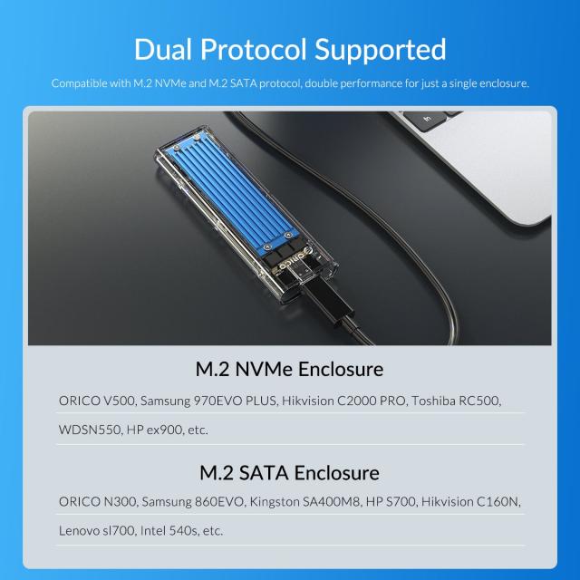 Кутия Orico за SSD, Storage - Case - M.2 NVMe/SATA M/B key - USB3.1 Type-C Gen.2 10Gbps, Blue - TCM2M-C3