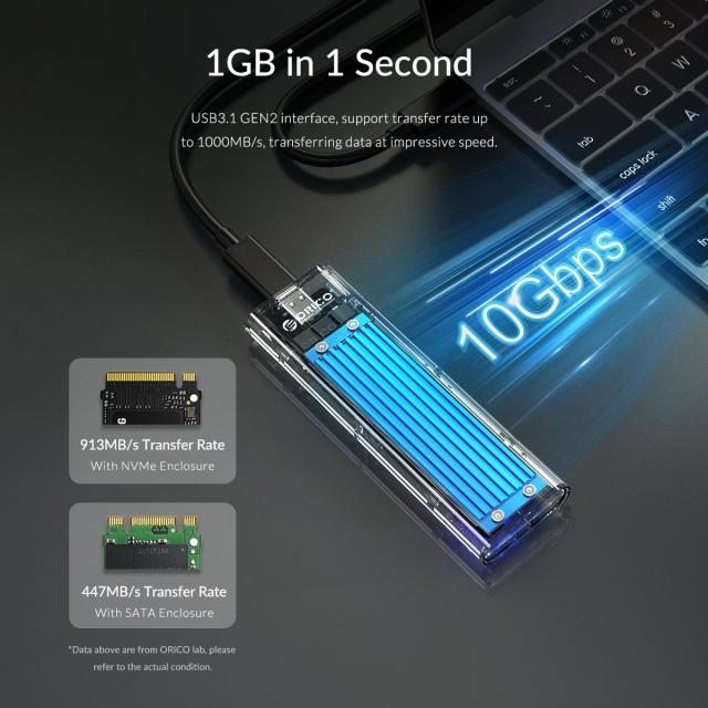 Кутия Orico за SSD, Storage - Case - M.2 NVMe/SATA M/B key - USB3.1 Type-C Gen.2 10Gbps, Blue - TCM2M-C3