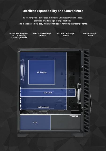 Kутия ZalmanZ3 ICEBERG BLACK, Middle Tower, E-ATX, ATX, mATX, Mini-ITX, ARGB, Tempered Glass