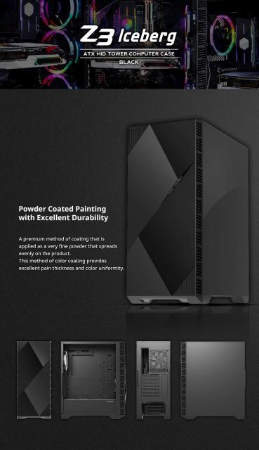 Kутия ZalmanZ3 ICEBERG BLACK, Middle Tower, E-ATX, ATX, mATX, Mini-ITX, ARGB, Tempered Glass