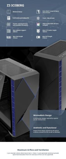 Kутия ZalmanZ3 ICEBERG BLACK, Middle Tower, E-ATX, ATX, mATX, Mini-ITX, ARGB, Tempered Glass
