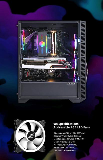 Kутия ZalmanZ3 ICEBERG BLACK, Middle Tower, E-ATX, ATX, mATX, Mini-ITX, ARGB, Tempered Glass