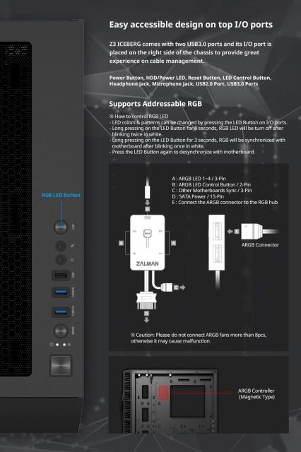 Kутия ZalmanZ3 ICEBERG BLACK, Middle Tower, E-ATX, ATX, mATX, Mini-ITX, ARGB, Tempered Glass