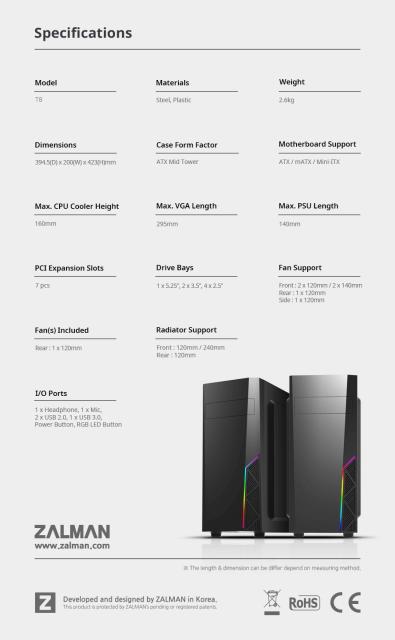 Кутия Zalman ZM-T8, 1x USB 3.0, 2x USB 2.0, ATX/Micro ATX/Mini-ITX, Черна