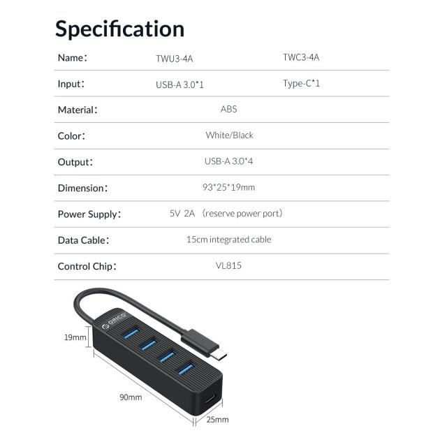 Хъб Orico USB3.0 HUB 4 port - Type C input, aux Type-C power input - TWC3-4A