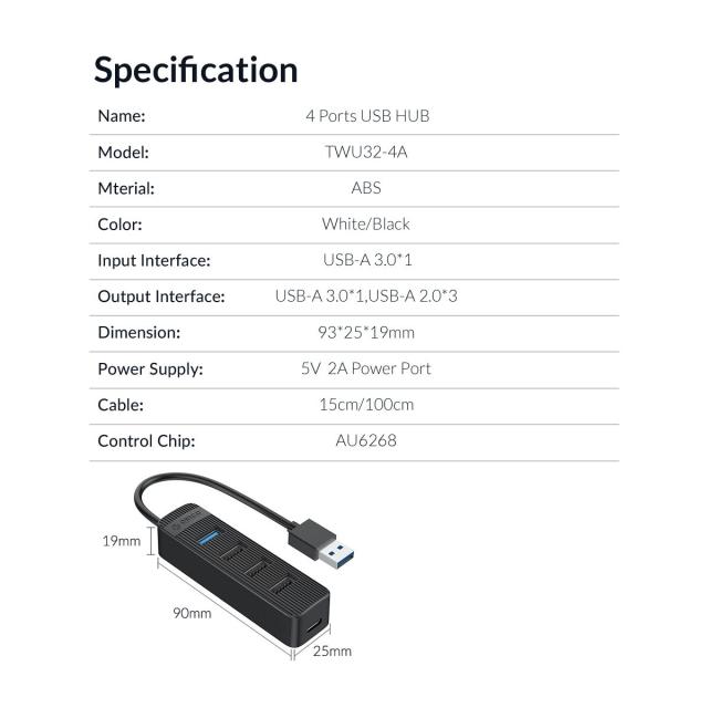 USB Хъб Orico 4 порта, 1x USB 3.0 / 3x USB 2.0, USB 3.0 Type-A, черен