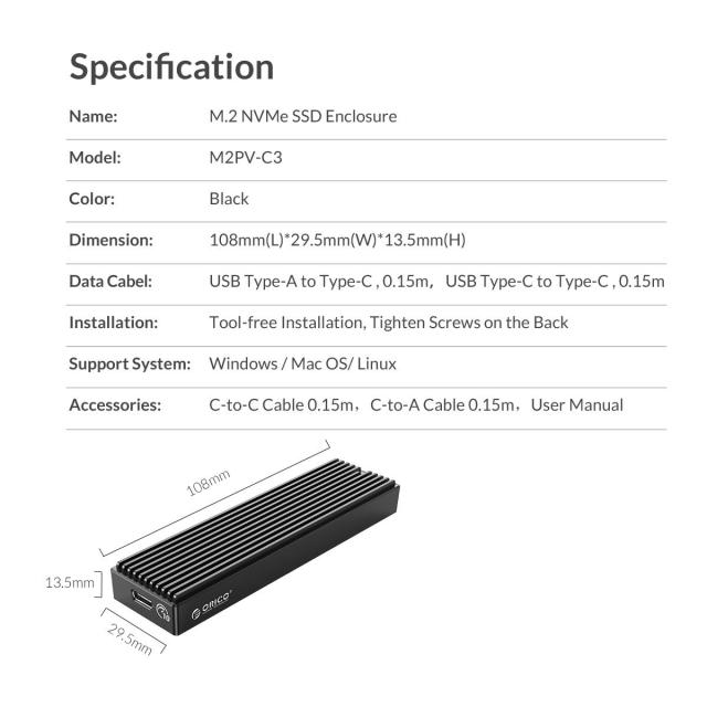 Кутия Orico за SSD, Storage - Case - M.2 NVMe M-key 10 Gbps - M2PV-C3-BK-BP